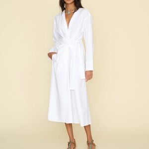 Xirena Clio Dress in White S Button Front Midi Crisp Poplin Tie Waist Minimalist